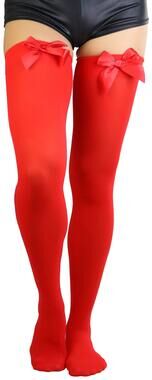 4527 Opaque Satin Bow Accent Thigh Highs - Red - One Size